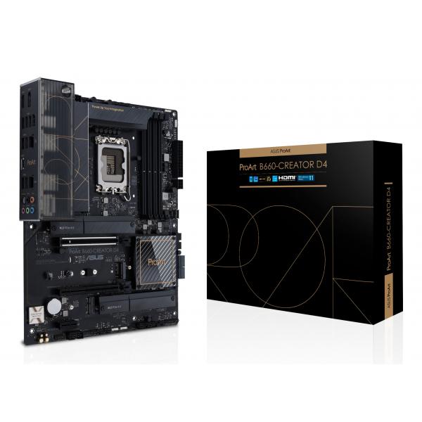 Asus proart b660-creator d4 scheda madre atx, intel b660, lga1700, ddr4, pci 5.0, lan realtek 2.5gb e intel 1gb, realtek 7.1 surround, 3xm.2, 4xsata 6gb-s, usb 3.2 gen 2, aura sync rgb, nero