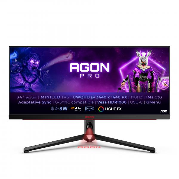 Aoc agon pro ag344uxm - monitor gaming da 34 pollici wqhd, 170 hz, 1 ms, g-sync, freesync premium, hdr1000 (3440x1440, hdmi 2.1, displayport, usb-c, usb hub) nero