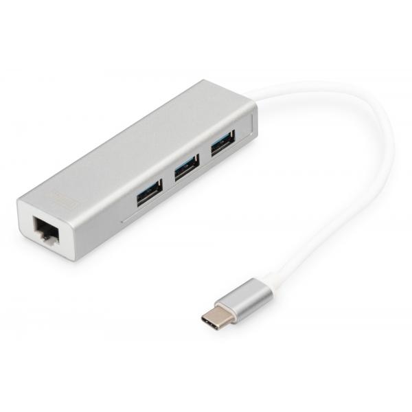 Digitus hub connettore tipo c con 3 porte usb 3.0 + porta rete gigabit