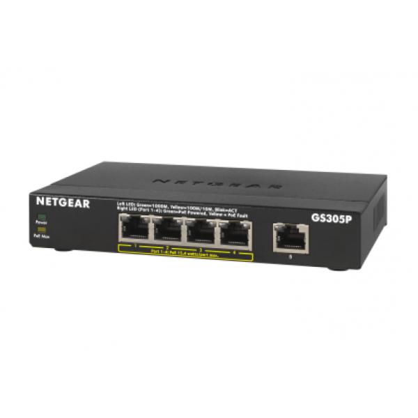 Netgear gs305p-200pes switch soho 5 porte gigabit ethernet poe 55w supporto voip e ip camera