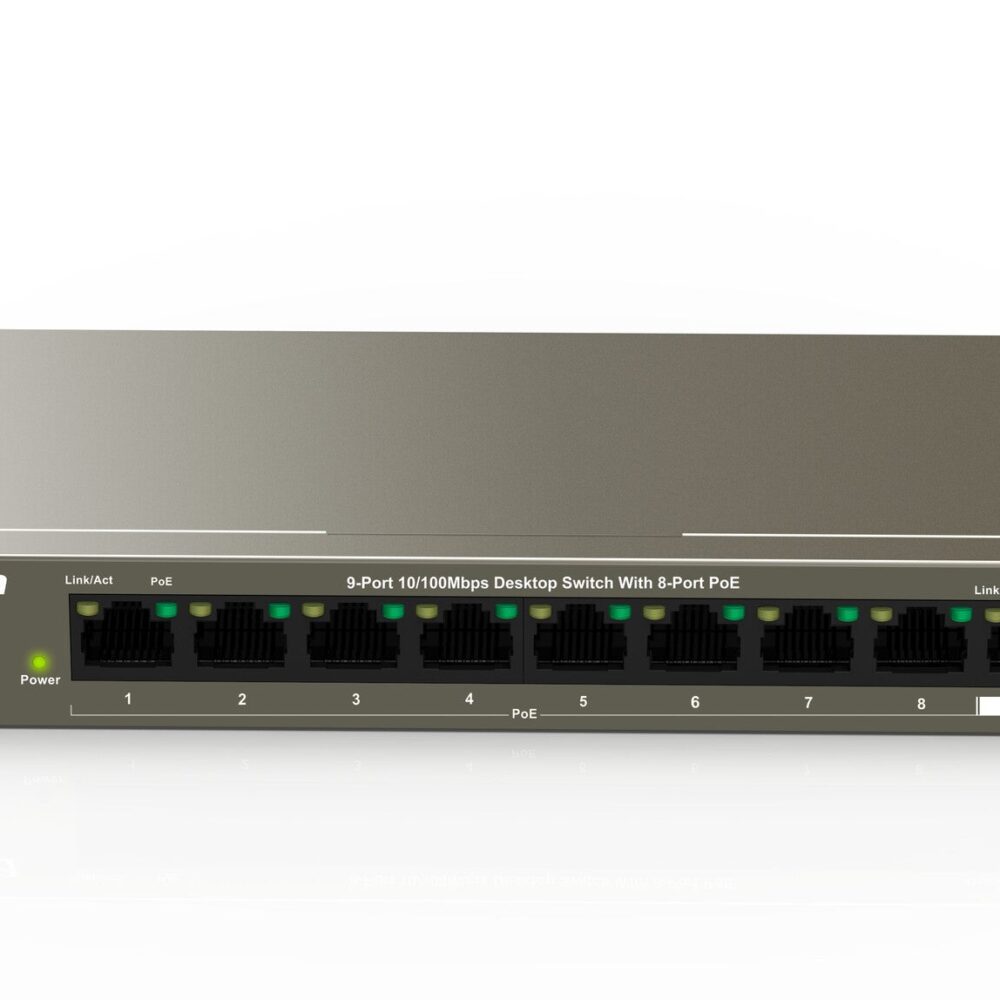 Tenda SWITCH PoE TEF1109P 8 63W - IEEE 802.3/u/x-IEEE802.3af/at IEEE-8xFE(PoE)+2xFE(Data+NVR)-output: 58W-Prot Ful 6KV-Extend