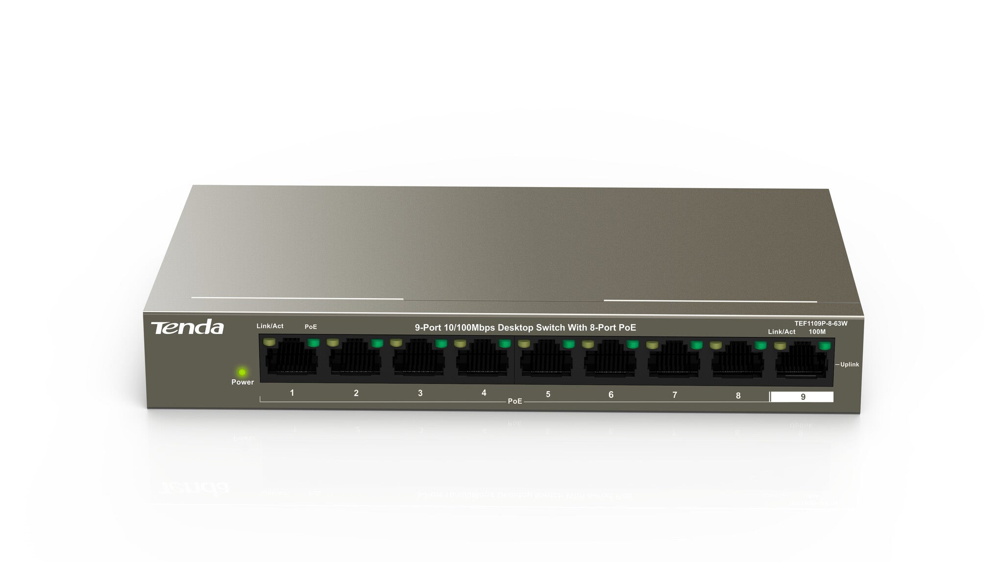 Tenda SWITCH PoE TEF1109P 8 63W - IEEE 802.3/u/x-IEEE802.3af/at IEEE-8xFE(PoE)+2xFE(Data+NVR)-output: 58W-Prot Ful 6KV-Extend