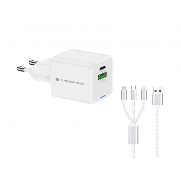 Caricabatterie USB PD GaN Conceptronic a 2 porte 33 W con cavo di ricarica 3 in 1, USB-C x 1, USB-A x 1, QC 3.0, PPS, Interno, CA, 20 V, 1,5 m, Bianco