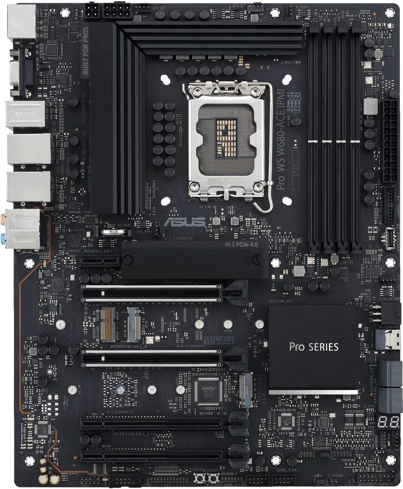 ASUS Pro WS W680-ACE IPMI - Motherboard - ATX - LGA1700-Sockel - W680 Chipsatz - USB-C 3,2 Gen2, USB 3,2 Gen 1, USB-C 3,2 Gen 2x2, USB 3,2 Gen 2 - 2 x 2,5 Gigabit LAN - Onboard-Grafik (CPU erforderlich) - HD Audio (8-Kanal) (90MB1DN0-M0EAY1)
