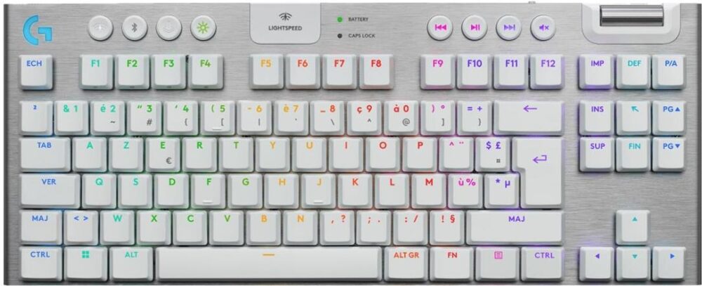 Logitech G G915 X - Tastatur - LIGHTSPEED - TKL - Hintergrundbeleuchtung - kabellos - Bluetooth 5,0, 2,4 GHz, USB - AZERTY - Französisch - Tastenschalter: GL Tactile - weiß (920-012734)