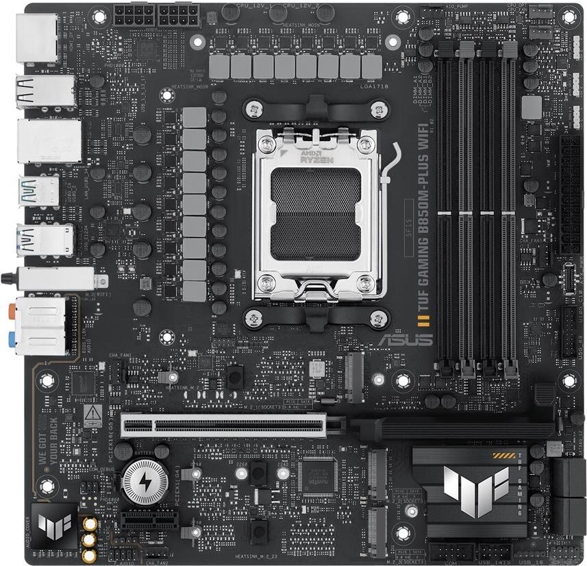 ASUS TUF GAMING B850M-PLUS WIFI - Motherboard - micro ATX - Socket AM5 - AMD B850 Chipsatz - USB-C 3,2 Gen 2x2, USB-C 3,2 Gen2, USB 3,2 Gen 2, USB 3,2 Gen 1 - 2,5 Gigabit LAN, Wi-Fi 6E, Bluetooth - Onboard-Grafik (CPU erforderlich) - HD Audio (8-Kanal) (90MB1IY0-M0EAY0)