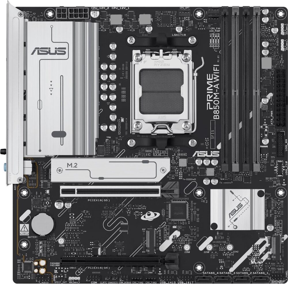 ASUS PRIME B850M-A WIFI - Motherboard - micro ATX - Socket AM5 - AMD B850 Chipsatz - USB 3.2 Gen 2, USB 3.2 Gen 1, USB-C 3.2 Gen 1 - Wi-Fi 6E, Bluetooth, 2.5 Gigabit LAN - Onboard-Grafik (CPU erforderlich) (90MB1LN0-M0EAY0)