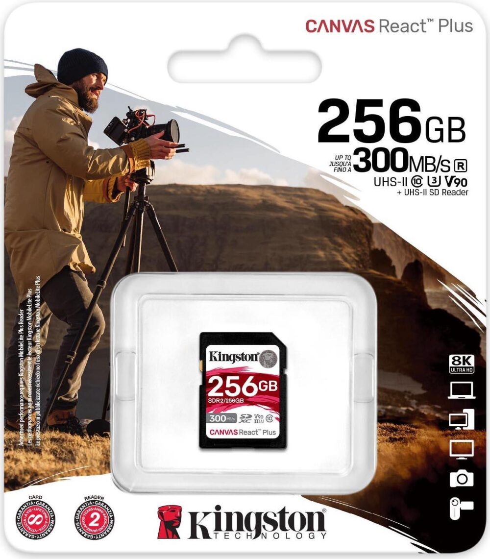 Kingston Canvas React Plus - Flash-Speicherkarte - 256GB - Video Class V90 / UHS-II U3 / Class10 - SDXC UHS-II (SDR2/256GB)