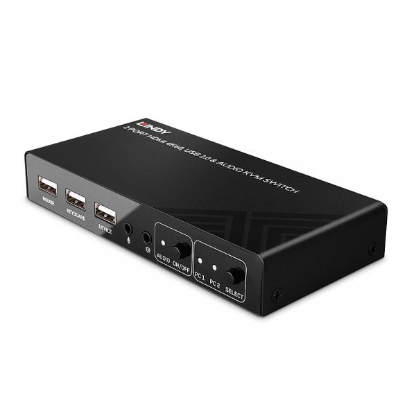 Lindy 32809 switch per keyboard-video-mouse [kvm] Nero (2 Port HDMI 4K60, USB 2.0 & - Audio KVM Switch - Warranty: 24M)