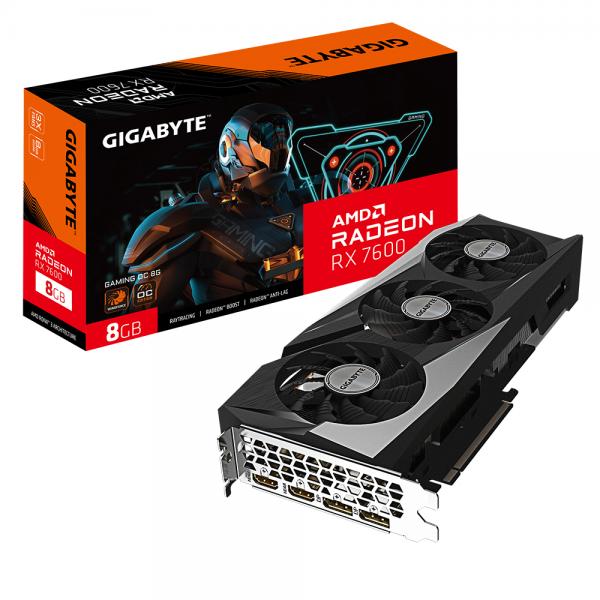 GIGABYTE GAMING Radeon RX 7600 OC 8G AMD 8 GB GDDR6 (Gigabyte AMD Radeon RX 7600 GAMING OC 8GB GDDR6 Graphics Card, 2048 Streams, 2755 MHz Boost Clock, Triple Fan, RGB, 2x DisplayPorts / 2x HDMI Ports)