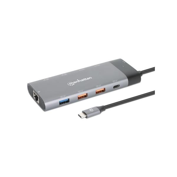 Manhattan 130714 replicatore di porte e docking station per laptop Cablato USB 3.2 Gen 2 [3.1 Gen 2] Type-C Grigio (Usb-C Dock/Hub, Ports [X10]: - Ethernet, Hdmi [X2 8K], Usb-A - [X5] And Usb-C [X2], With Power Delivery [100W] To Usb-C Port [Note Additional - Warranty: 12M)