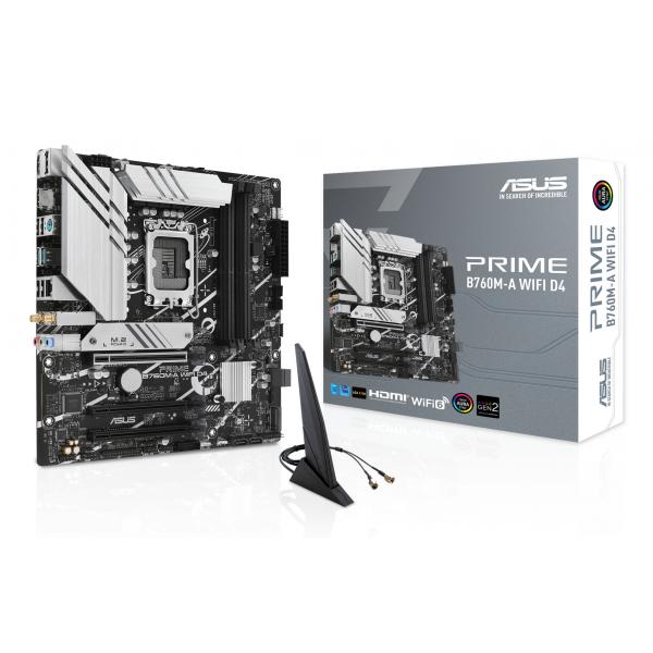 ASUS PRIME B760M-A WIFI D4 Intel B760 LGA 1700 micro ATX (Asus PRIME B760M-A WIFI D4, Intel B760, 1700, Micro ATX, 4 DDR4, 2 HDMI, DP, Wi-Fi 6, 2.5G LAN, PCIe4, 2x M.2)