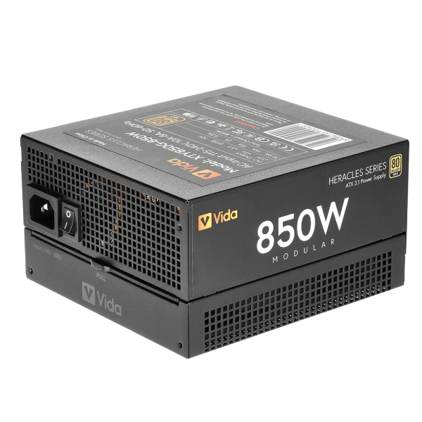 VIDA Heracles alimentatore per computer 850 W 20+4 pin ATX ATX Nero (Vida 850W Heracles Black ATX 3.1 Gaming PSU, 80+ Gold, Fully Modular, 14cm Ultra-Quiet Semi-Fanless FDM Fan, Flat Black Cables, PCIe 5.1, Power Lead Not Included)