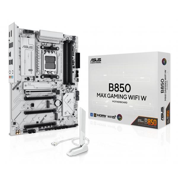 ASUS B850 MAX GAMING WIFI W - Motherboard - ATX - Socket AM5 - AMD B850 Chipsatz - USB-C 3.2 Gen2, USB-C 3.2 Gen 1, USB 3.2 Gen 2, USB 3.2 Gen 1 - Wi-Fi 6E, Bluetooth, 2.5 Gigabit LAN - Onboard-Grafik (CPU erforderlich)