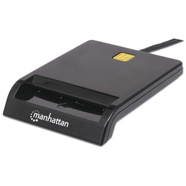 Lettore di smart card a contatto USB-A Manhattan, 12 Mbps, compatibile con tipo a frizione, esterno, Windows o Mac, cavo 105 cm, nero, tre anni di garanzia, blister
