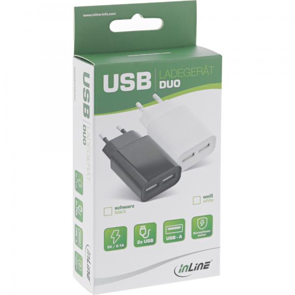 Caricabatterie USB InLine DUO - alimentatore doppio - da 100-240 V a 5 V/2,1 A - bianco