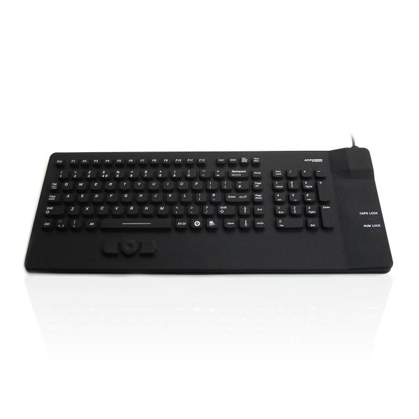 Accuratus AccuMed Compact tastiera Medico USB QWERTY Inglese britannico Nero (Accuratus Accumed KYBNA-SIL-COMCBKHY; fully sealed silicon black full size USB keyboard made up of a Rigid Silicone chassis with NanoArmour 2 layer antibacterial protection impregnated into the silicone and coated on the surface. IP 67 rated it is dust; water and chemical resistant. Includes inbuilt mouse pad with left and right mouse buttons and tactile feedback keys providing easy comfortable typing. Dimensions 445