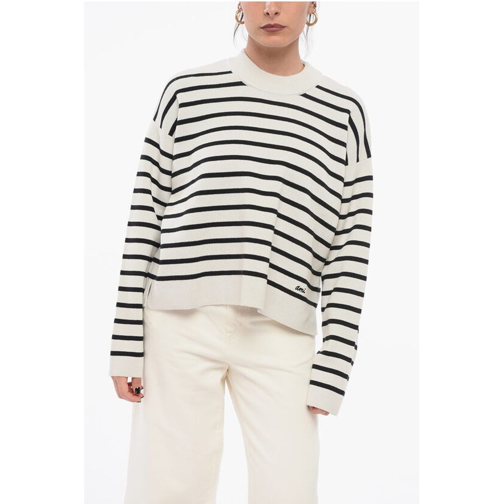 Crew Neck Cotton Blend Sweater with Awning Stripes