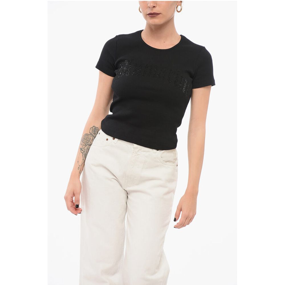 Ribbed Crop T-Shirt with Rhinestoned Logo