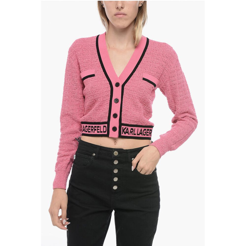 Bouclè Fabric Cropped Cardigan with Logoed Band