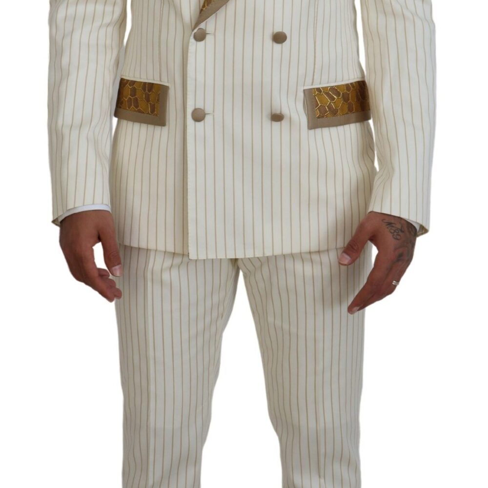 Off White Gold Striped Tuxedo Slim Fit Suit