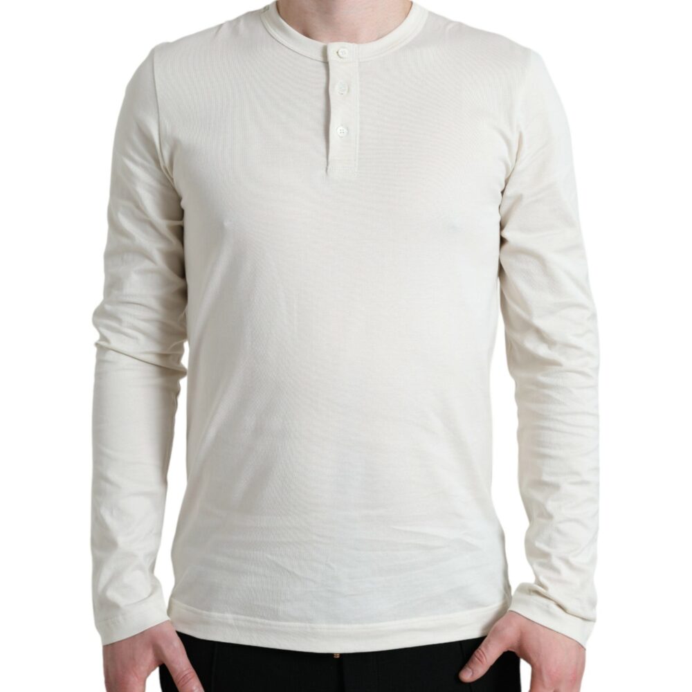Off White Cotton Henley Pullover Sweater