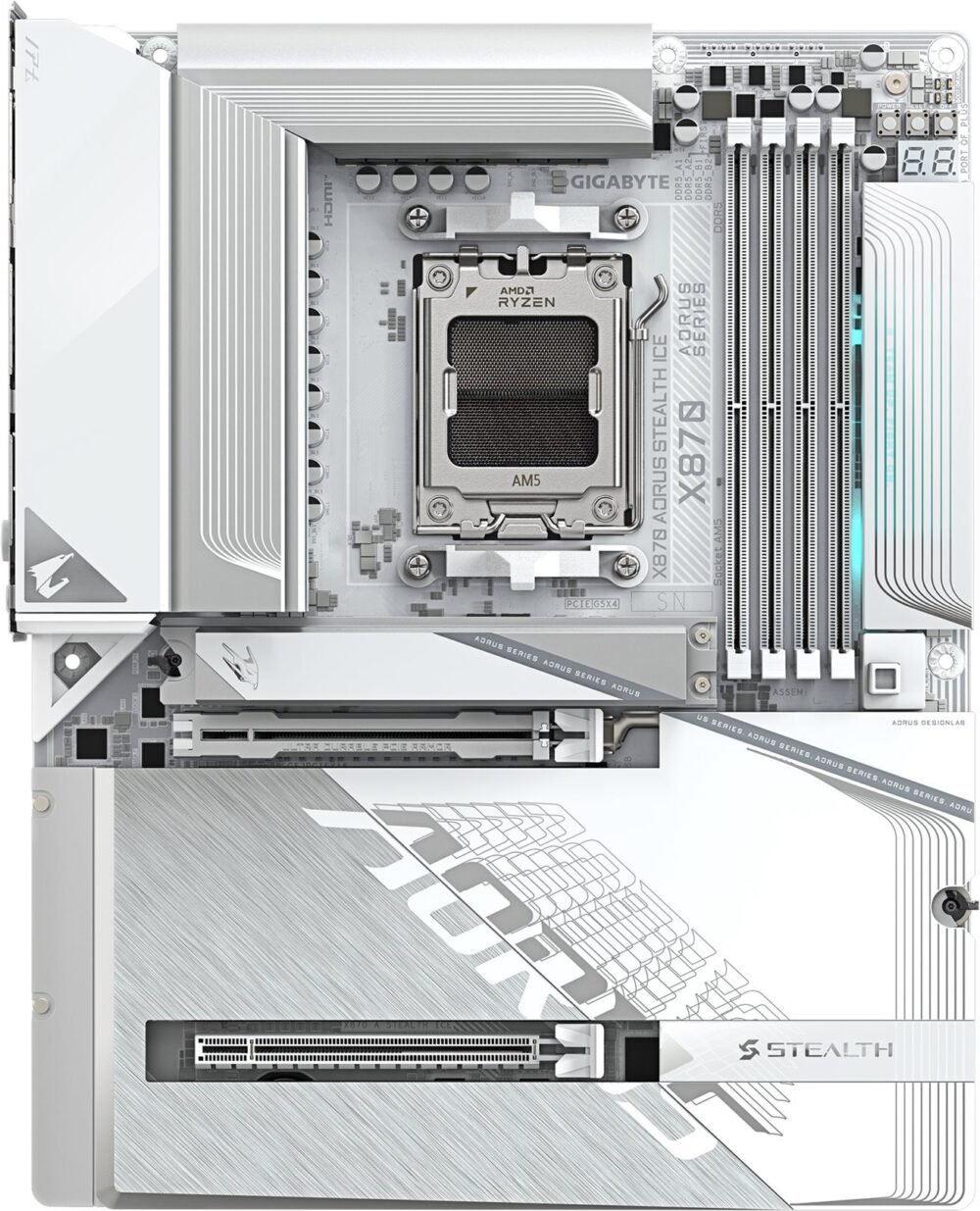 Gigabyte AORUS X870 STEALTH ICE - Motherboard - ATX - Socket AM5 - AMD X870 Chipsatz - USB-C 3.2 Gen 2x2, USB 3.2 Gen 2, USB 3.2 Gen 1 - Wi-Fi 7, Bluetooth, 5 Gigabit Ethernet - Onboard-Grafik (CPU erforderlich) (X870 A STEALTH ICE)