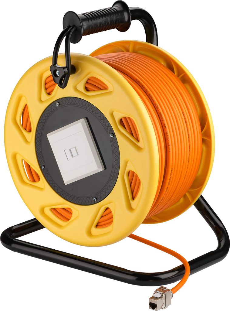 Wentronic Goobay mobile RJ45 Netzwerk Kabeltrommel, Orange, 90 m - hochwertig geschirmtes halogenfreiesCat.7 RohkabelA S/FTP (1200MHz) Installationskabel auf robuster Kabeltrommel (58938)