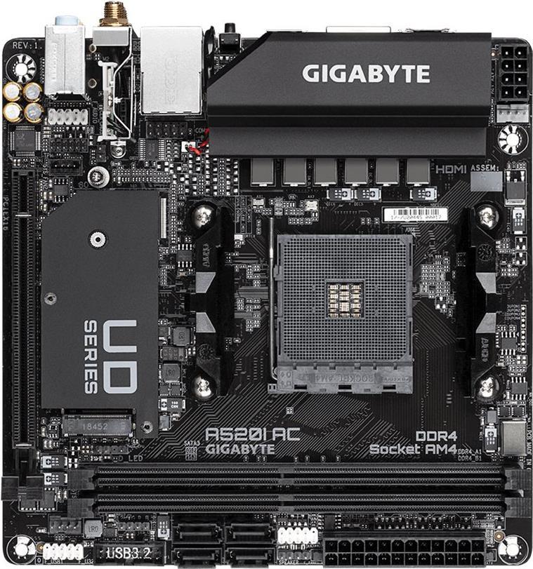 Gigabyte A520I AC - 1,0 - Motherboard - Mini-ITX - Socket AM4 - AMD A520 Chipsatz - USB 3,2 Gen 1 - Gigabit LAN, Wi-Fi, Bluetooth - Onboard-Grafik (CPU erforderlich) - HD Audio (8-Kanal) (A520I AC)