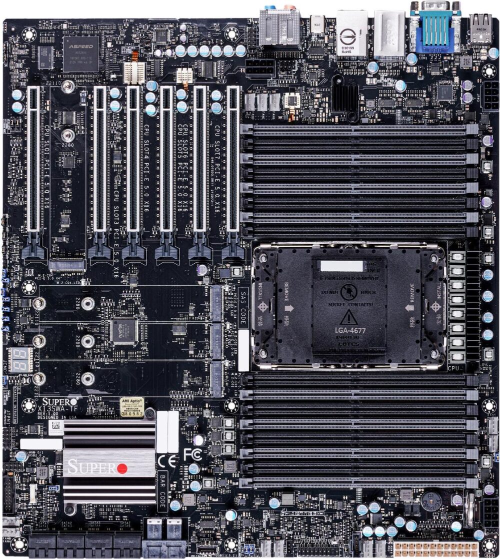 Super Micro SUPERMICRO X13SWA-TF - Motherboard - E-ATX - LGA4677 Socket-E - W790 Chipsatz - USB 3,2 Gen 1, USB-C 3,2 Gen 2x2, USB 3,1 Gen 2 - 10 Gigabit LAN, Gigabit LAN - Onboard-Grafik - 8-Kanal-Audio (MBD-X13SWA-TF-O)