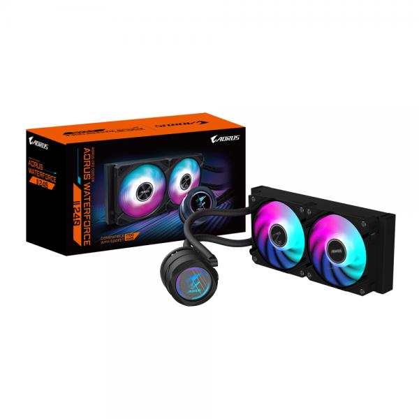 GIGABYTE AORUS WATERFORCE II 240 AIO Liquid CPU Cooler - 2 ventole ARGB da 120 mm, meccanismo di bloccaggio a scorrimento, DAISY-CHAIN, compatibile con Intel LGA 1700 e AMD AM5