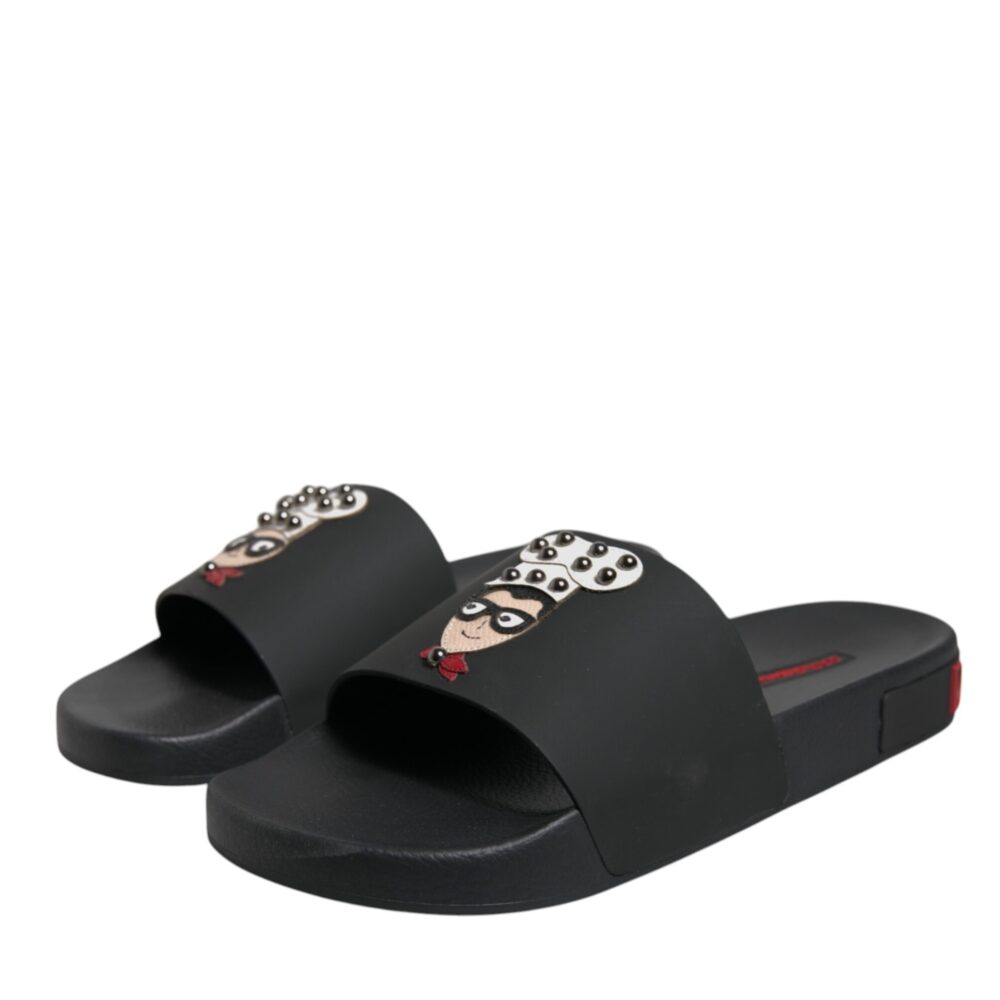 Black Leather Slides Sandals Beachwear Shoes