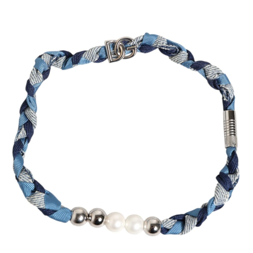 Blue White Braided Silver Metal Logo Beaded Men Bracelet